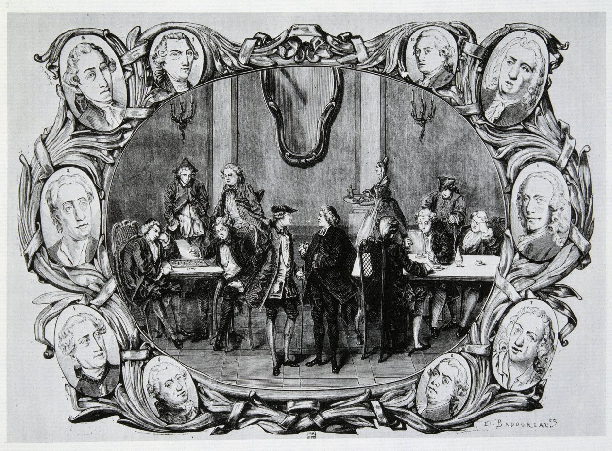 Café Procope a Parigi nel XVIII secolo con Buffon, Gilbert, Diderot, D