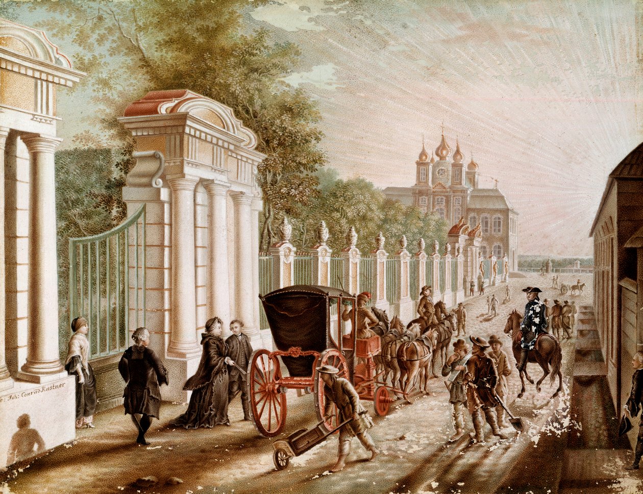 Caterina II o Caterina Alexeievna (1729-1782) lascia il Palazzo di Peterhof prima di essere incoronata Imperatrice nel 1762. Litografia della fine del XVIII secolo. San Pietroburgo, Castello di Peterhof da Unknown artist