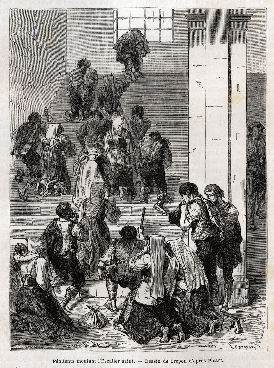 Penitenti cattolici che salgono la scala santa a Roma. Incisione per illustrare la storia di Ludovic Celler; la Settimana Santa a Roma da Unknown artist