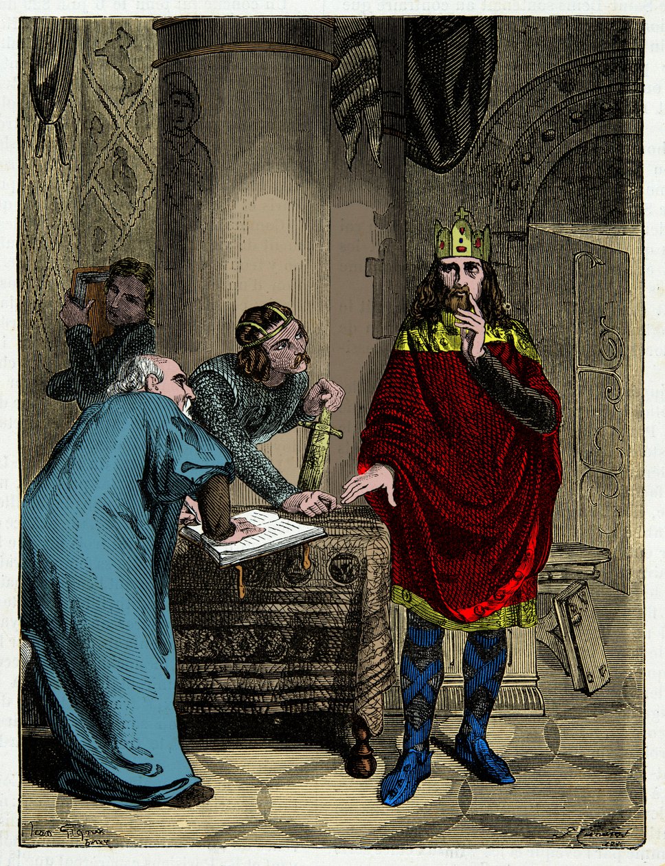Carlo Magno che detta i suoi capitolari al suo ministro Alcuino (732-804), Incisione del XIX secolo da Unknown artist