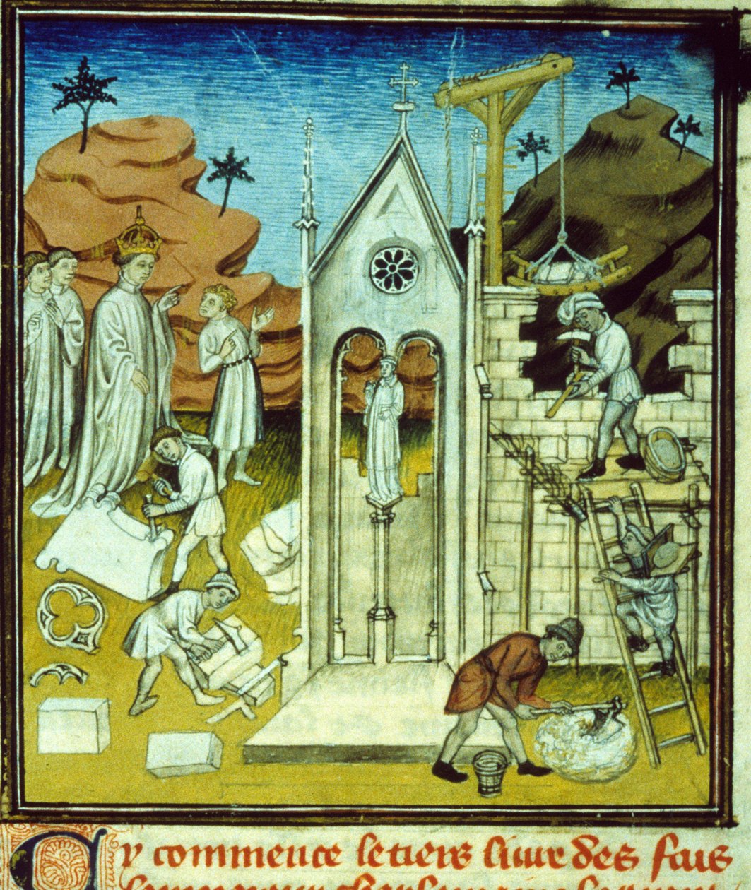 Carlo Magno visita il cantiere di una cattedrale - Illustrazione di manoscritto su pergamena del Medioevo "Grandi Cronache di Saint-Denis" fine XIV secolo (rif. 512, 096r) Richiedere permesso alla Biblioteca Municipale di Tolosa (tel: 05 62 27 66 66) da Unknown artist