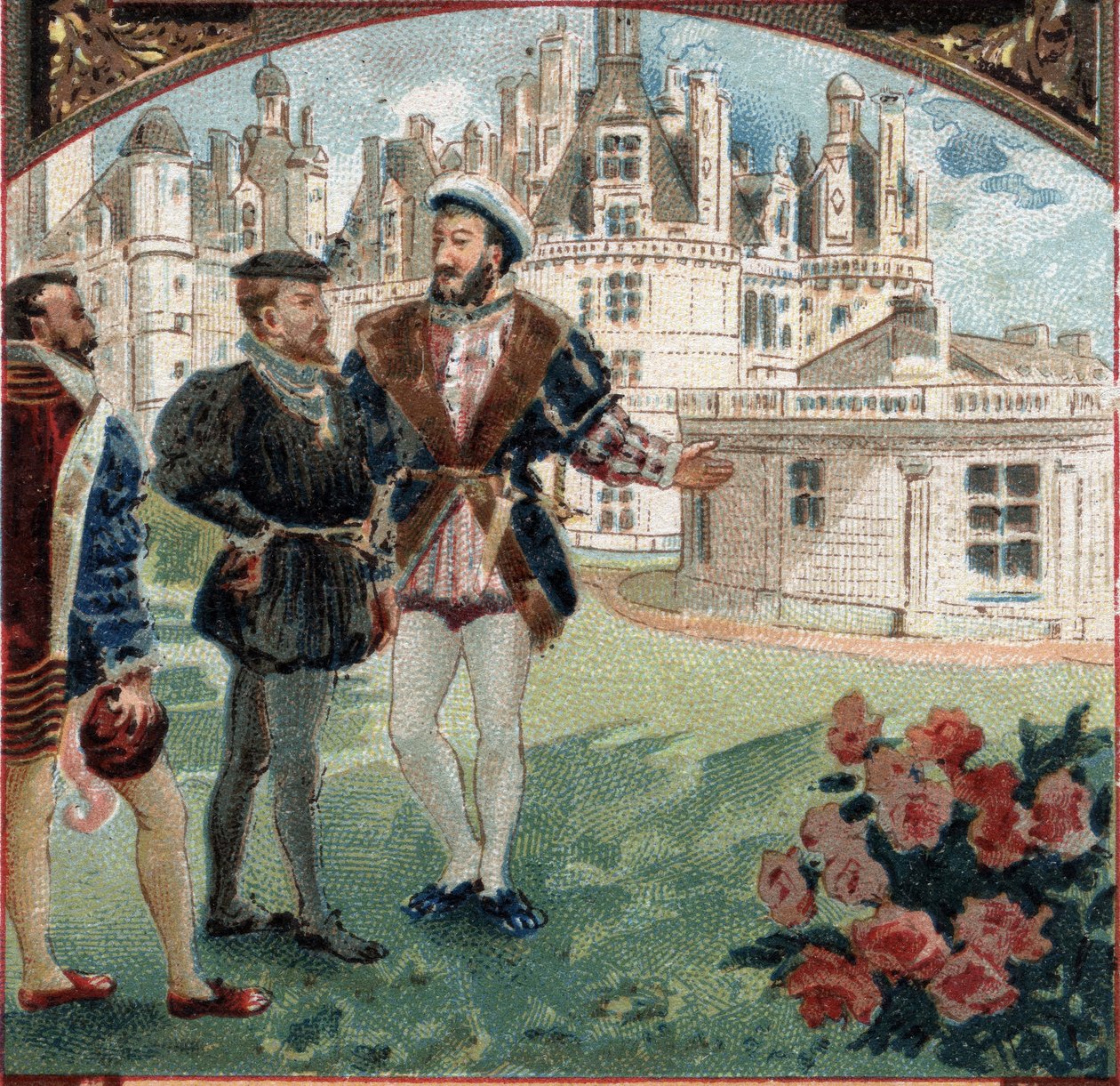 Carlo V ricevuto da Francesco I al Castello di Chambord. Cromolitografia della fine del XIX secolo da Unknown artist