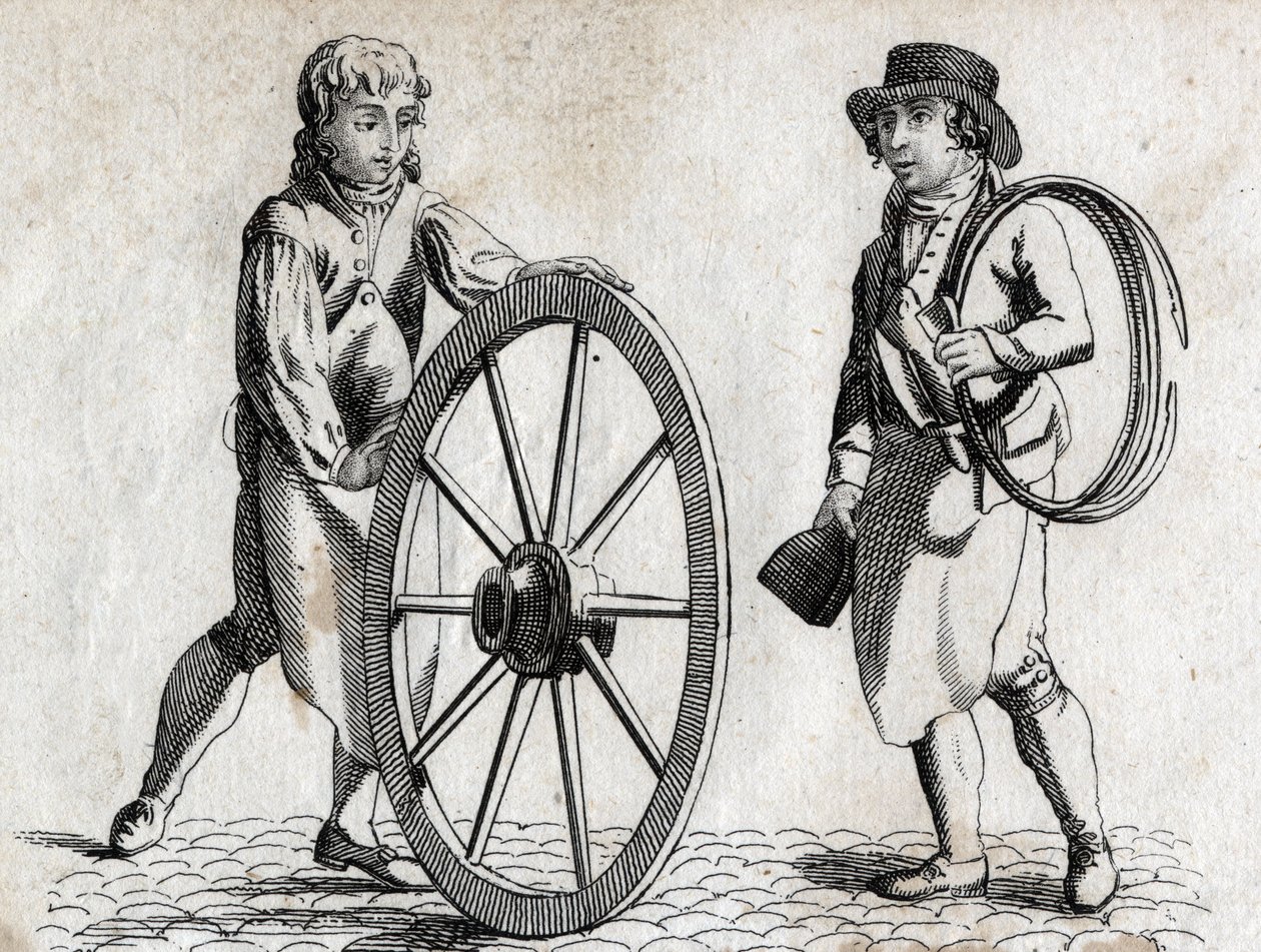 Carraio con ruota di carro e apprendista. Incisione fine XVIII secolo. da Unknown artist