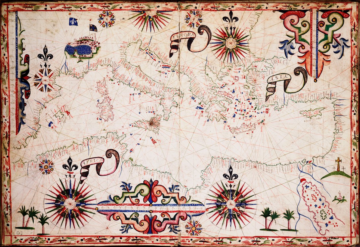 Carta del Mediterraneo, Mar Nero e Mar Caspio, c.1620 (manoscritto) da Unknown artist