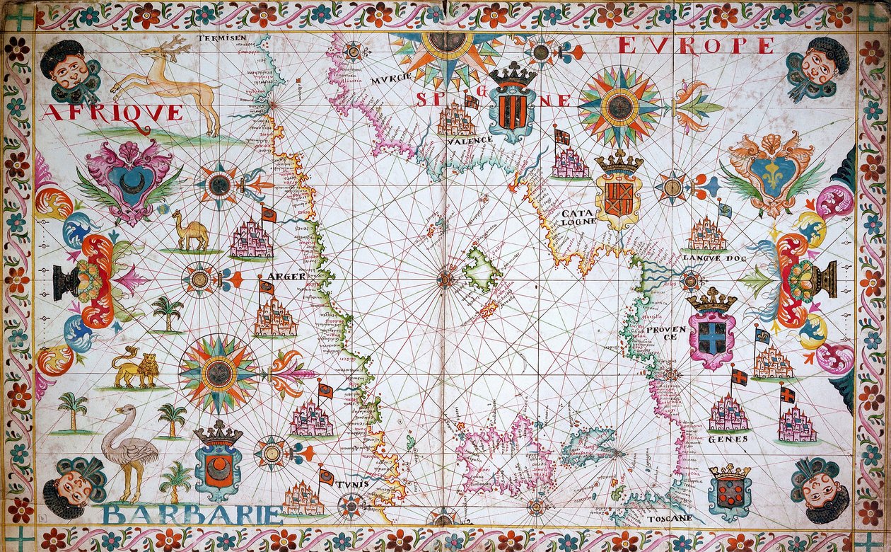 Carta del Mediterraneo occidentale che mostra le coste nordafricane e spagnole da Unknown artist