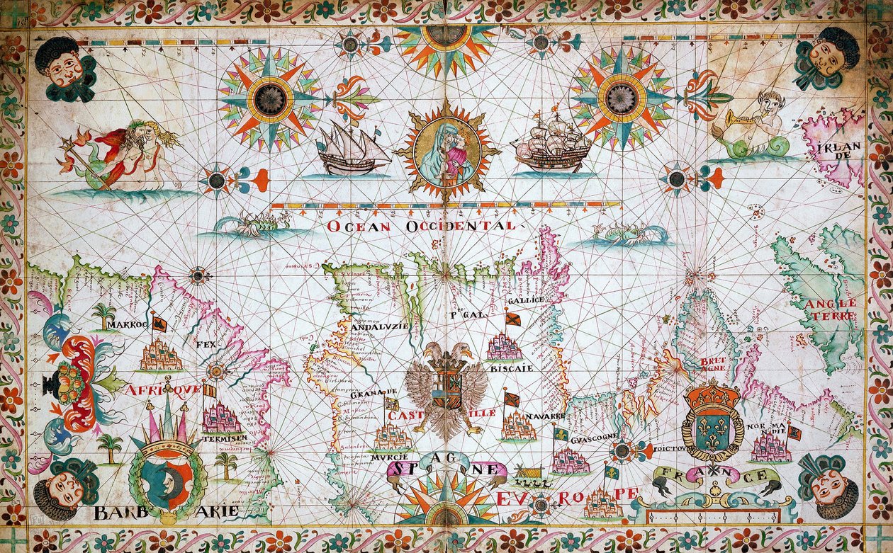 Carta del Mediterraneo occidentale che mostra le coste nordafricane e spagnole, e l
