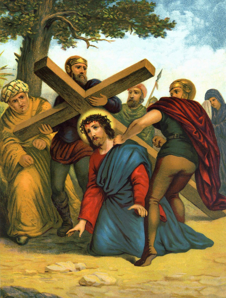 Cromolitografia della fine del 19° secolo raffigurante la vita di Cristo: Gesù cade per la prima volta sotto la croce da Unknown artist
