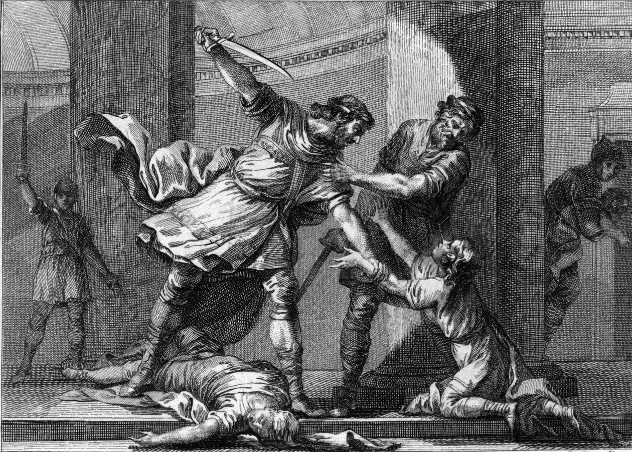 Clotario I (ca. 497-561) e Childeberto I, re franchi, uccisero due figli del loro fratello Clodomiro (495-524). Incisione del XVIII secolo da Unknown artist