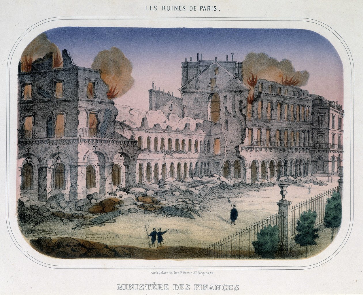 Comune di Parigi: Incendio al Ministero delle Finanze (al tempo delle Tuileries) il 24 maggio 1871. Incisione del XIX secolo da Unknown artist