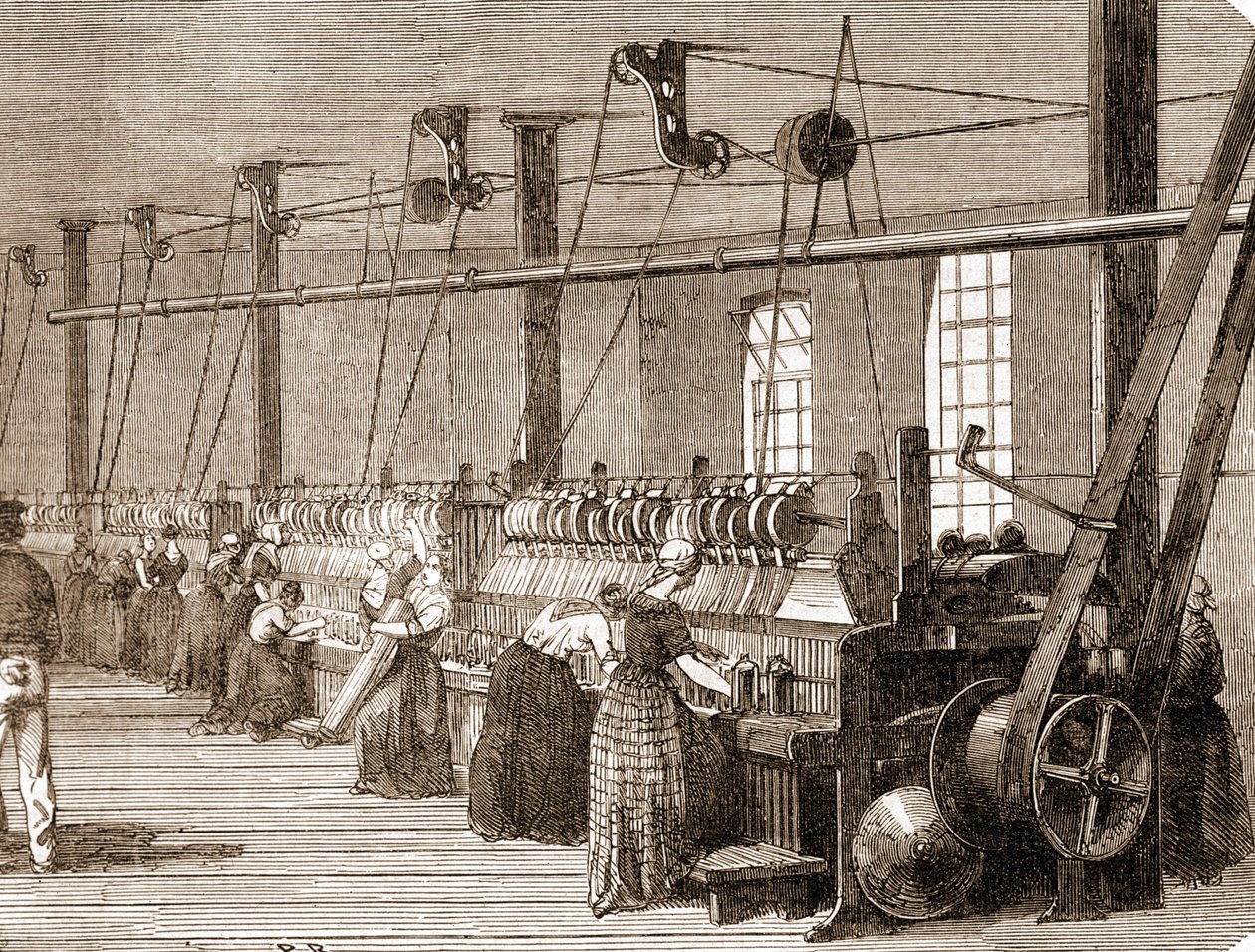 Laboratorio di tessitura del cotone. Incisione del 1860 da Unknown artist