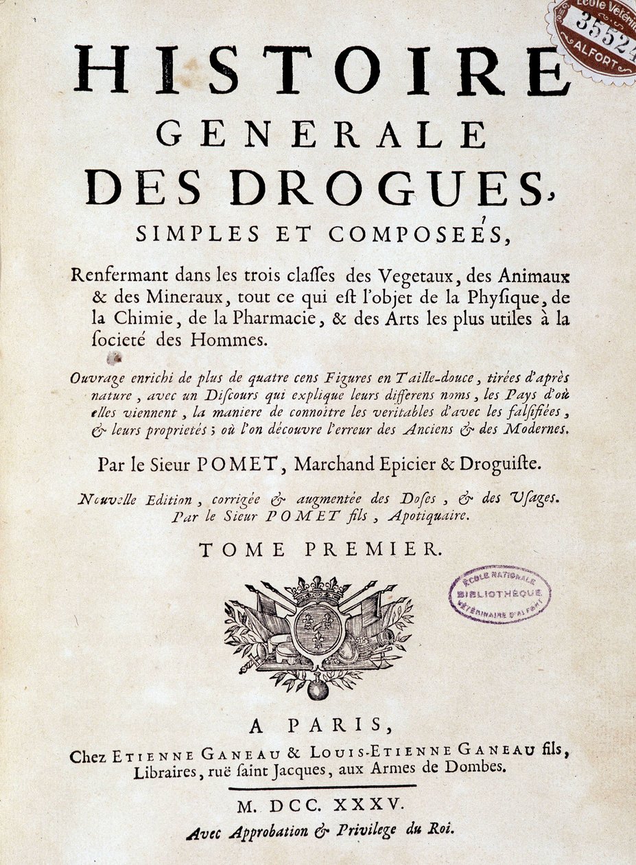 Pagina di copertina della “Storia generale delle droghe, semplici e composte” di Pomet da Unknown artist