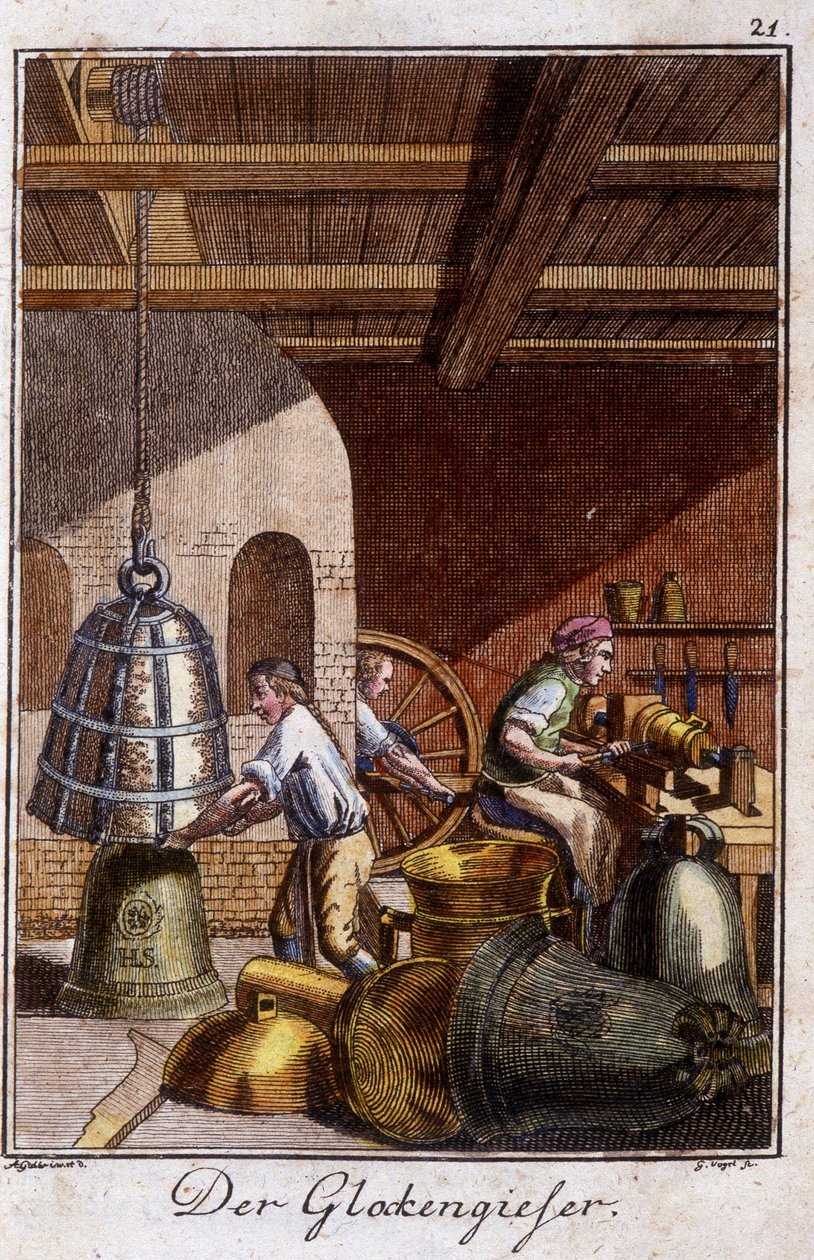 Artigianato: il fabbricante di campane nella sua bottega. In "Descrizione completa delle arti e dei mestieri e delle botteghe per i giovani" di Johan Peter Vue. Ed. Norimberga, Weigel e Schneider da Unknown artist