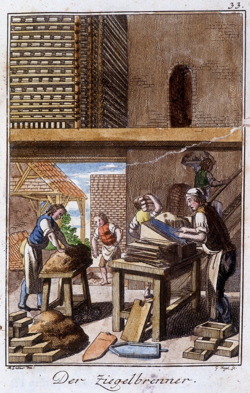 Artigianato: il produttore di tegole o mattoni nella sua bottega. In "Descrizione completa delle arti e mestieri e delle botteghe per i giovani" di Johan Peter Vue. Ed. Norimberga, Weigel e Schneider da Unknown artist
