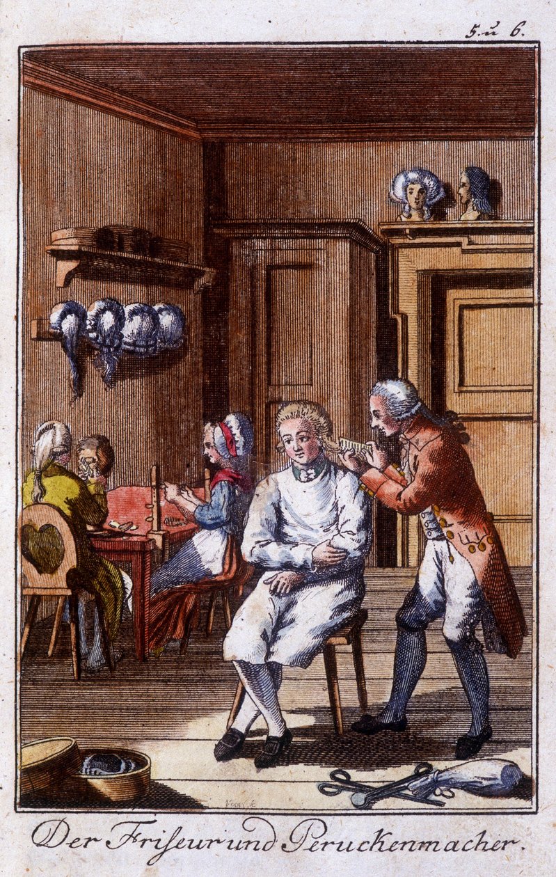Mestieri: parrucchiere e parruccaio nel loro laboratorio. In 