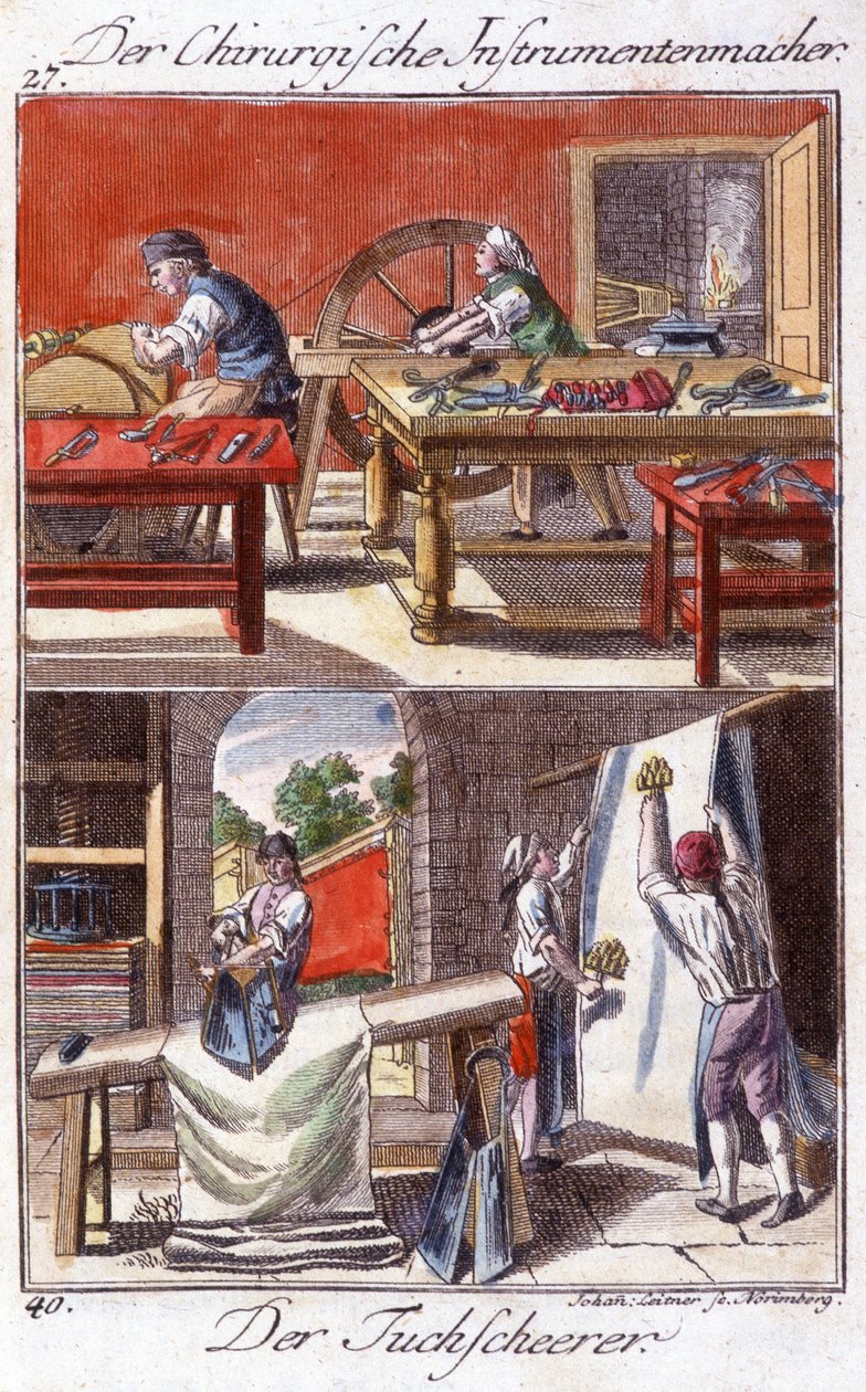 Artigianato: fabbricante di strumenti chirurgici (in alto) e rifinitore di guaine (in basso) nella loro bottega. In "Descrizione completa delle arti e dei mestieri e delle botteghe per i giovani" di Johan Peter Vue. Ed. Norimberga, Weigel e Schneider da Unknown artist