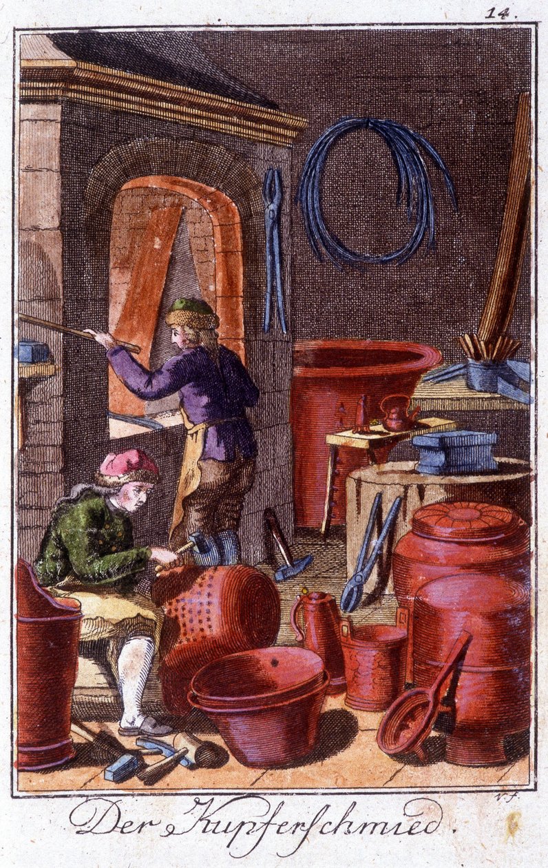 Artigianato: il calderaio nella sua bottega. In "Descrizione completa delle arti e dei mestieri e delle botteghe per i giovani" di Johan Peter Vue. Ed. Norimberga, Weigel e Schneider da Unknown artist