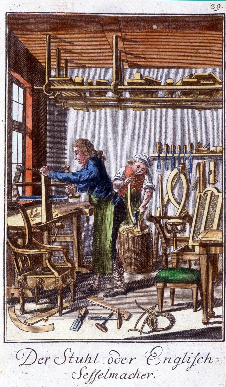 Mestieri: il fabbricante di sedie nella sua bottega. In "Descrizione completa delle arti e dei mestieri e delle botteghe per i giovani" di Johan Peter Vue. Ed. Norimberga, Weigel e Schneider da Unknown artist