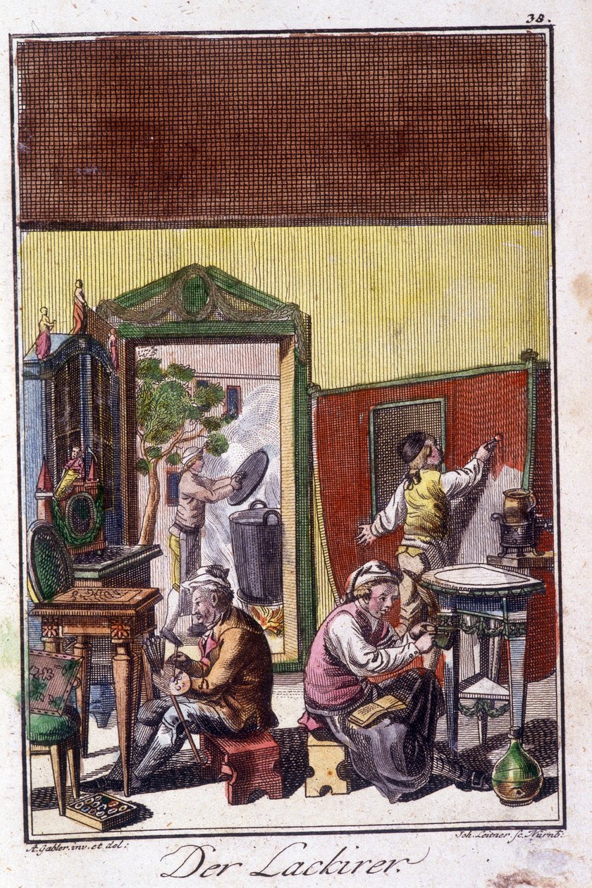 Artigianato: il verniciatore nel suo laboratorio. In "Descrizione completa delle arti e dei mestieri e dei laboratori per i giovani" di Johan Peter Vue. Ed. Norimberga, Weigel e Schneider da Unknown artist