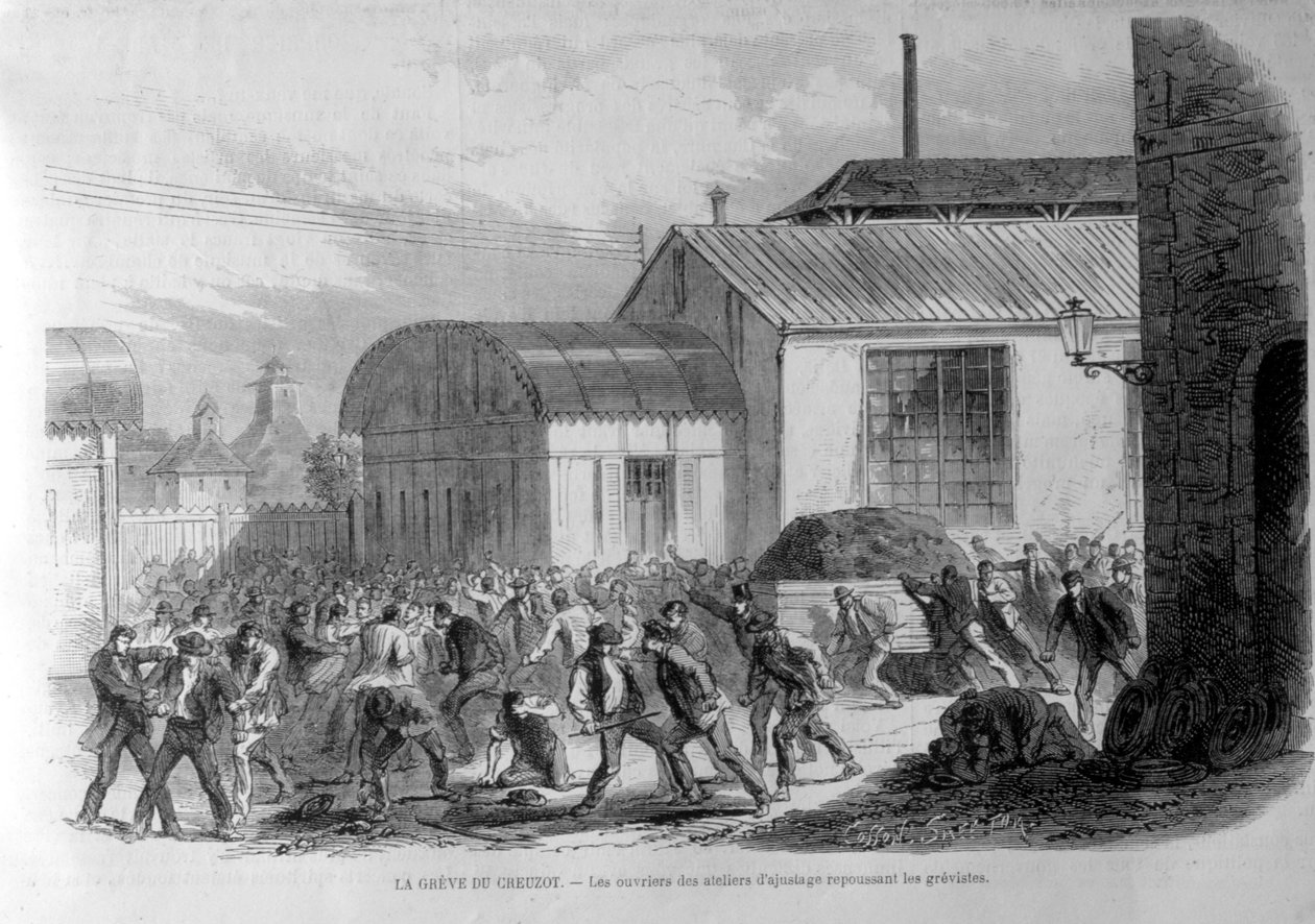 Sciopero di Creusot. Gli operai delle officine di regolazione respingono gli scioperanti. Incisione del XIX secolo. da Unknown artist