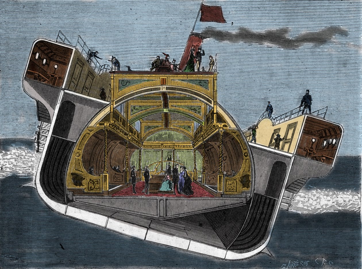 Sezione trasversale di una barca progettata contro il mal di mare da Henry Bessemer (1813-1898). Incisione XIX secolo. da Unknown artist