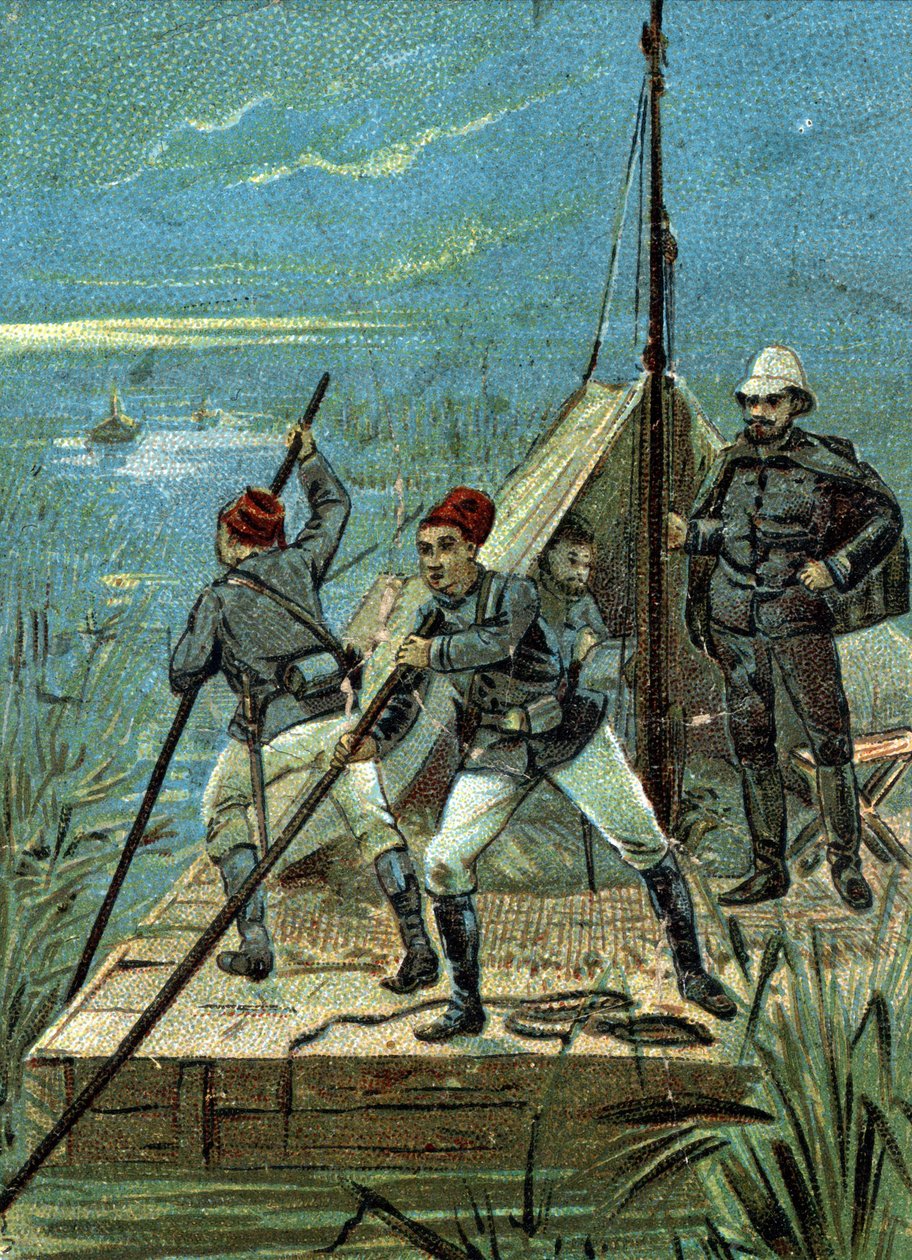 Attraversamento delle paludi di Bahr el Ghazal in Africa dalla missione Marchand nel 1899. Cromolitografia Liebig del XIX secolo da Unknown artist