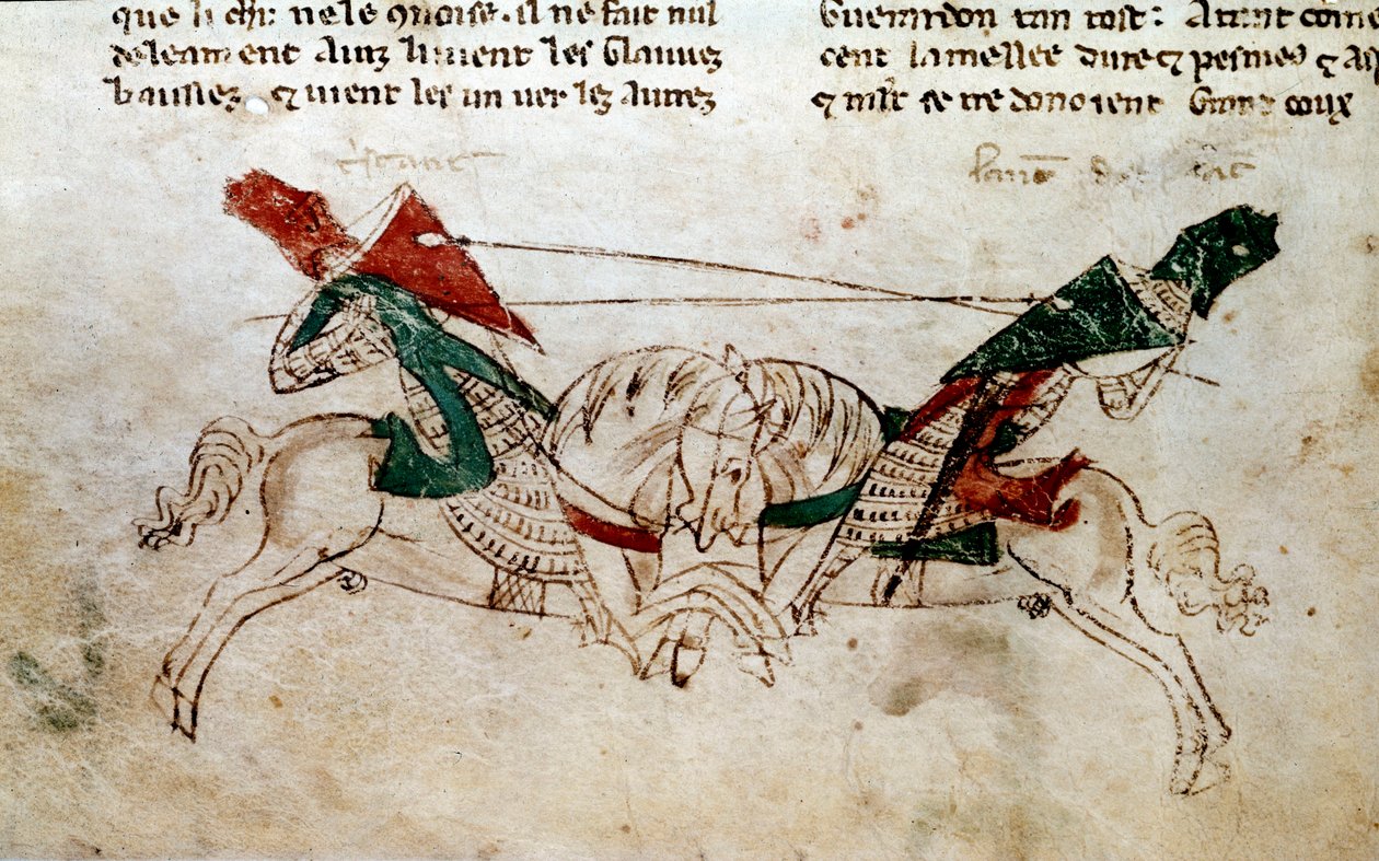 Ciclo di Re Artù: Battaglia di Lancillotto e Tristano. Miniatura tratta dal Romanzo di Meliadus de Leonnoys di Rustichello da Pisa da Unknown artist