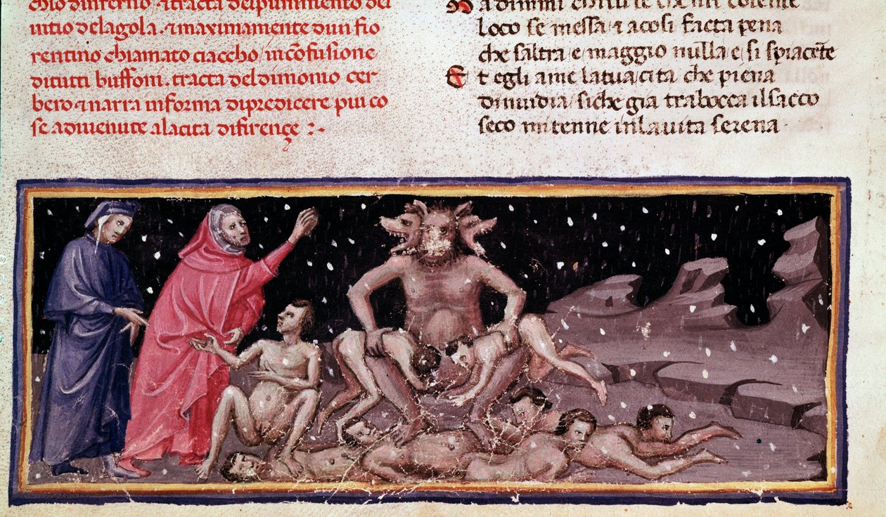 Dante e Virgilio incontrano Ciacco e Cerbero con i golosi (canto 9 dell