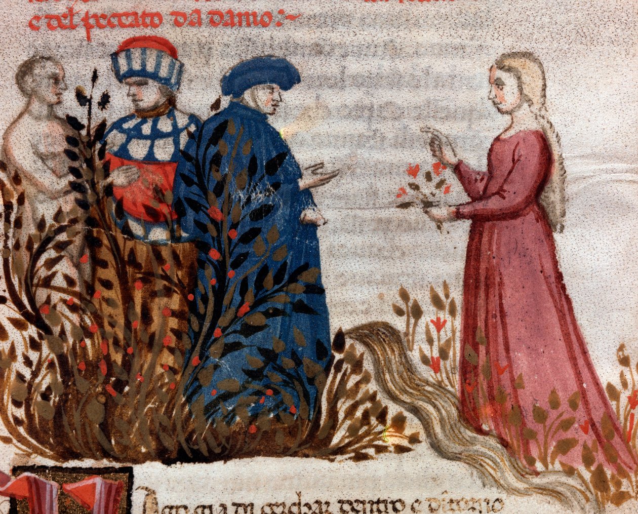 Dante incontra Matelda (canto 28 del Purgatorio, nella Divina Commedia) - Miniatura da Unknown artist