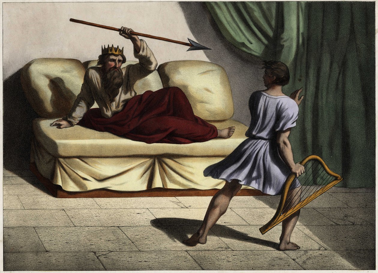 Davide che suona la cetra davanti al re Saul per calmarlo (incisione anonima del XIX secolo) da Unknown artist