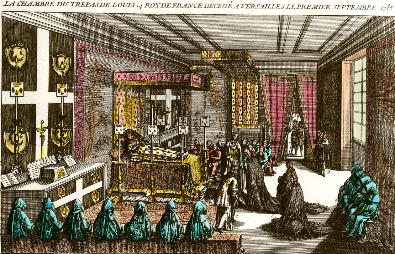 Morte di Luigi XIV: la camera mortuaria di Luigi XIV (1638-1715), noto come Re Sole, deceduto a Versailles il 1/09/1715. Incisione del XVIII secolo Collezione privata da Unknown artist