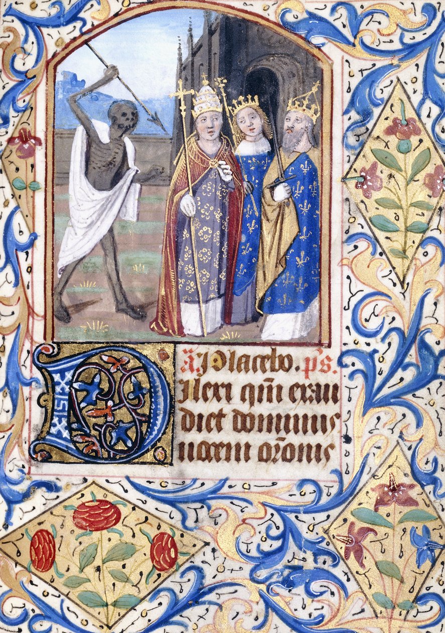La morte con la sua lancia puntata su tre figure, un papa, un re, un re e una regina, davanti a una chiesa gotica, c.1470 da Unknown artist