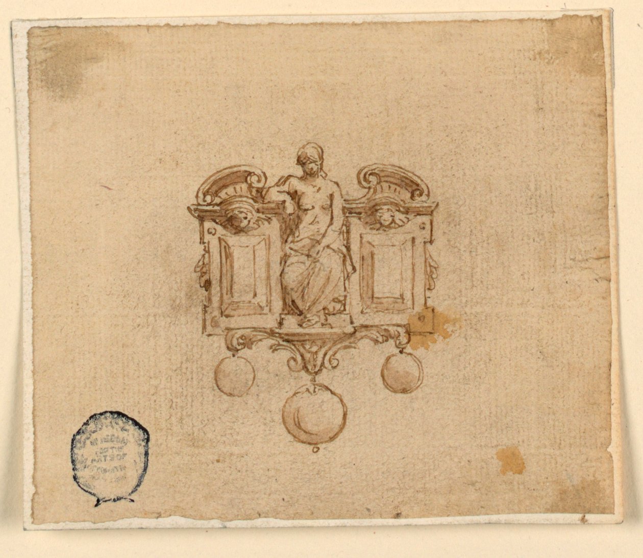 Design per spilla con donna in pedimento rotto da Unknown artist