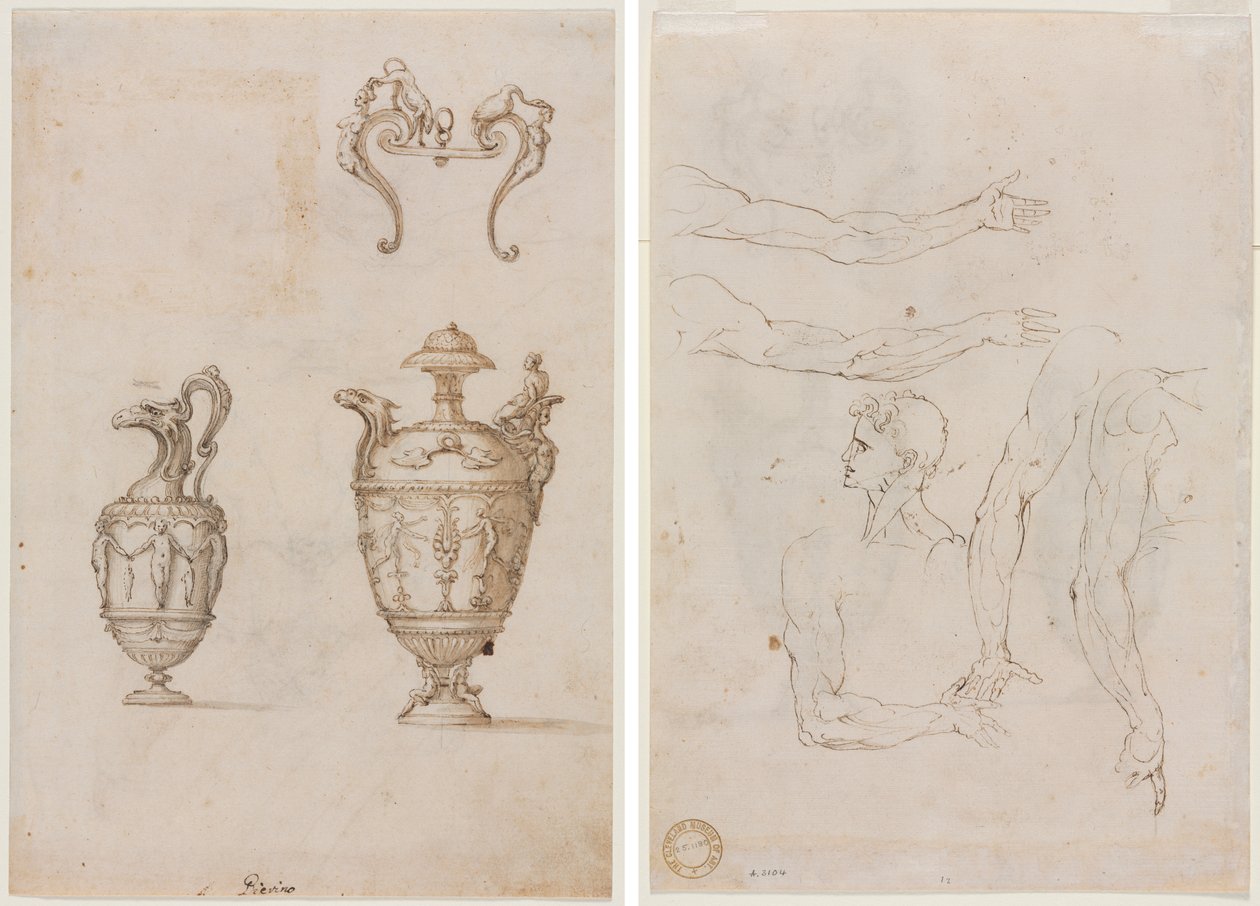 Progetto per due vasi e un ornamento (recto); schizzi di cinque braccia e una testa (verso) da Unknown artist