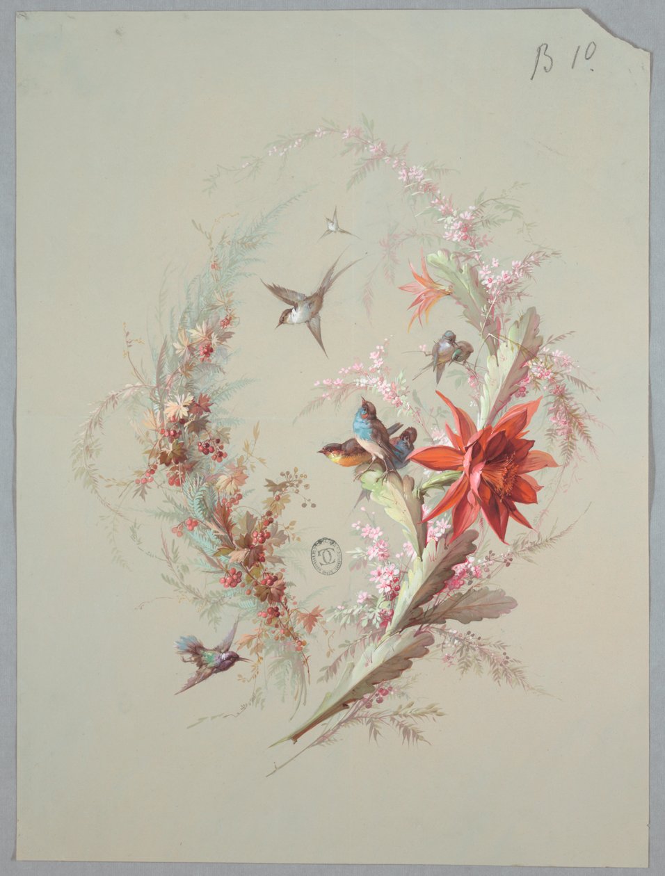 Progetto per carta da parati e tessuti: fiori e uccelli da Unknown artist