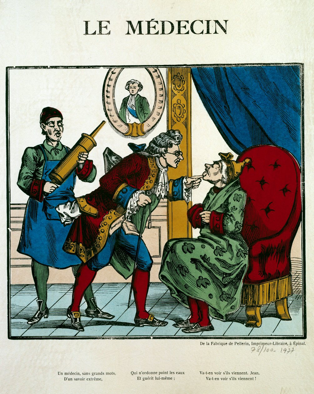 Scena del dottore che esamina un paziente, il suo assistente dietro di lui tiene un clistere. Incisione del XIX secolo da Unknown artist