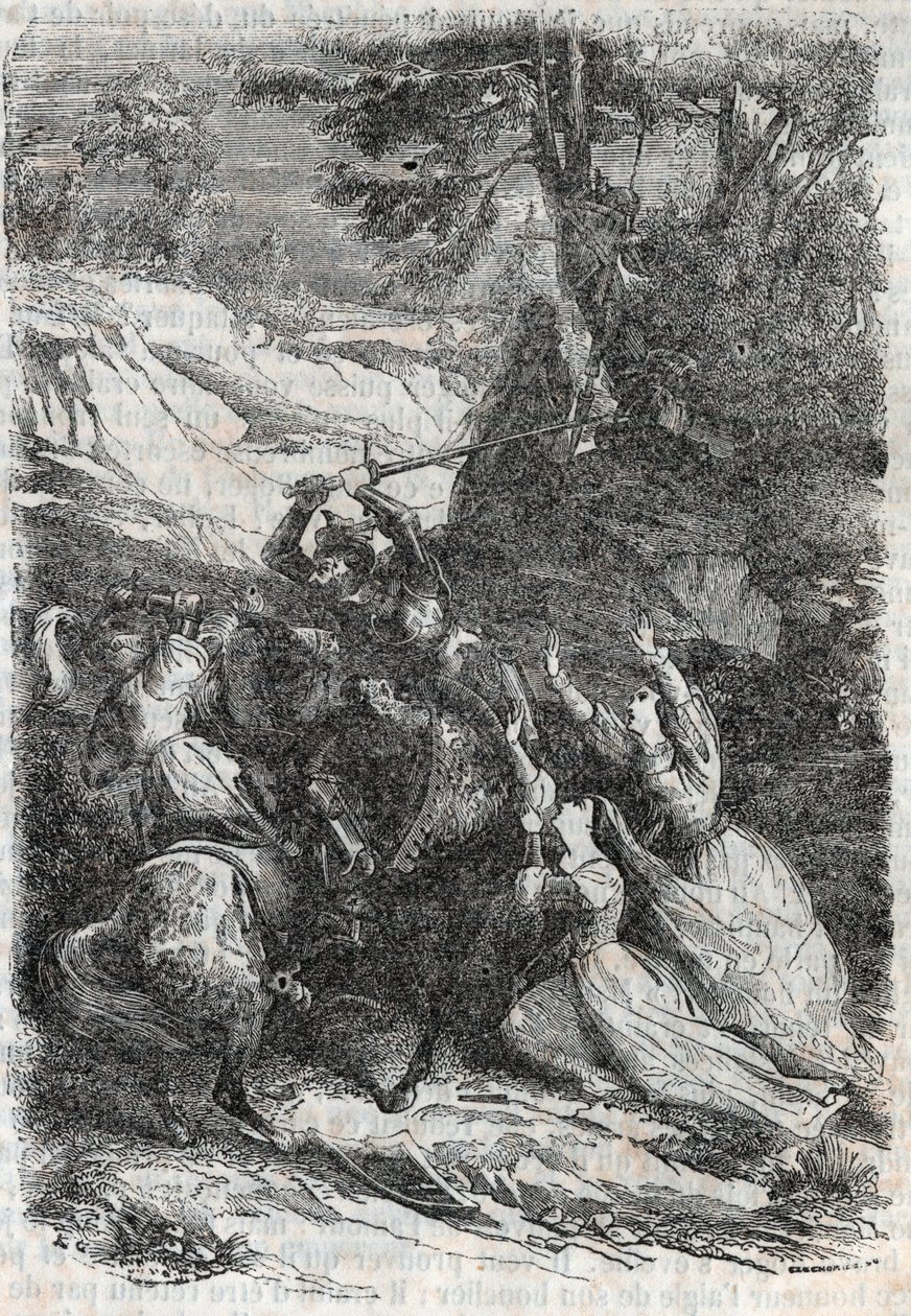 Doralice e Isabelle vogliono separare Mandricardo e Zerbin - incisione del 1851 da “Orlando Furioso” da Unknown artist