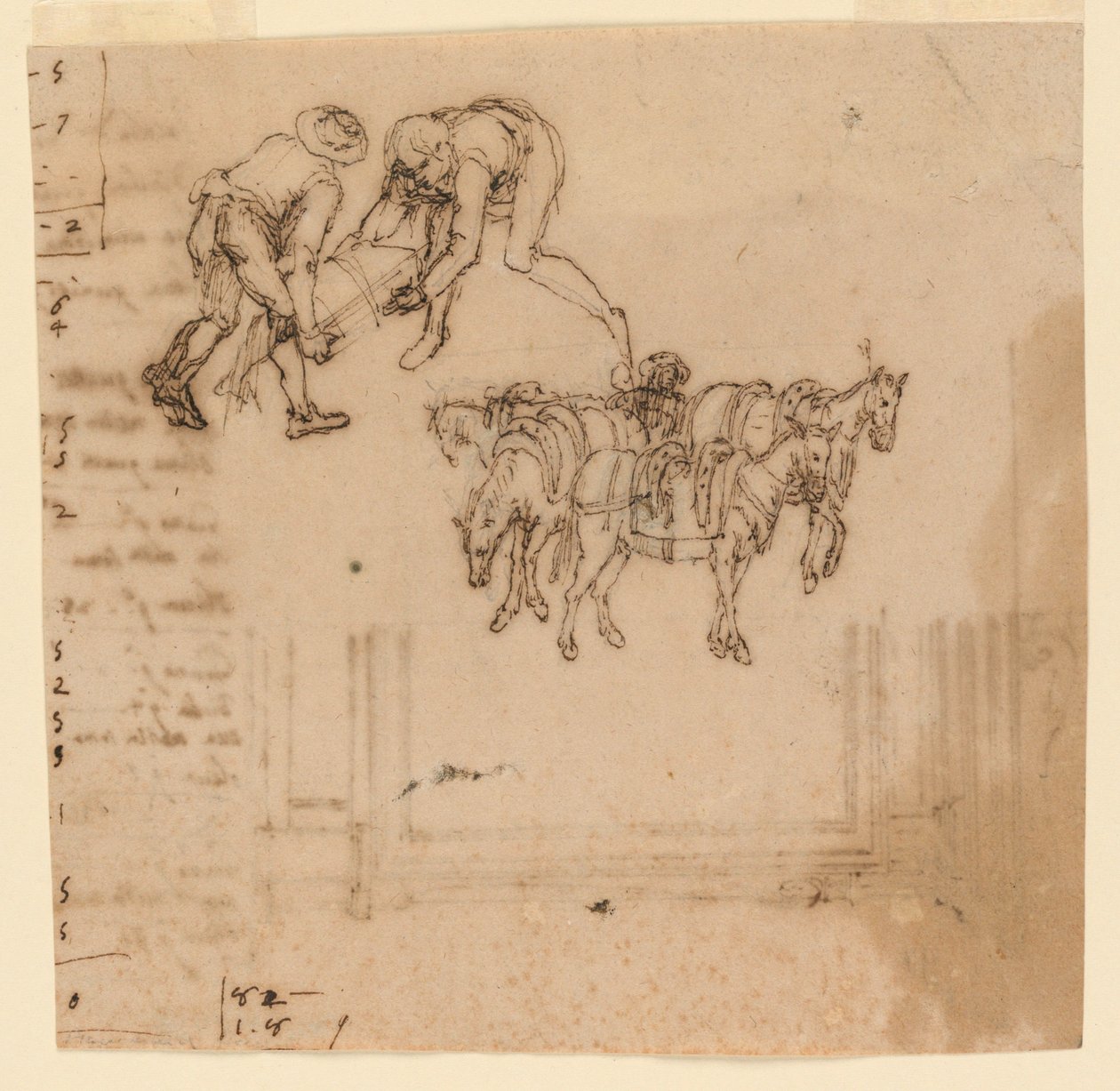 Disegno: A) Due uomini che trasportano un baule; quattro muli con un conducente. B) Progetto per una cornice da Unknown artist