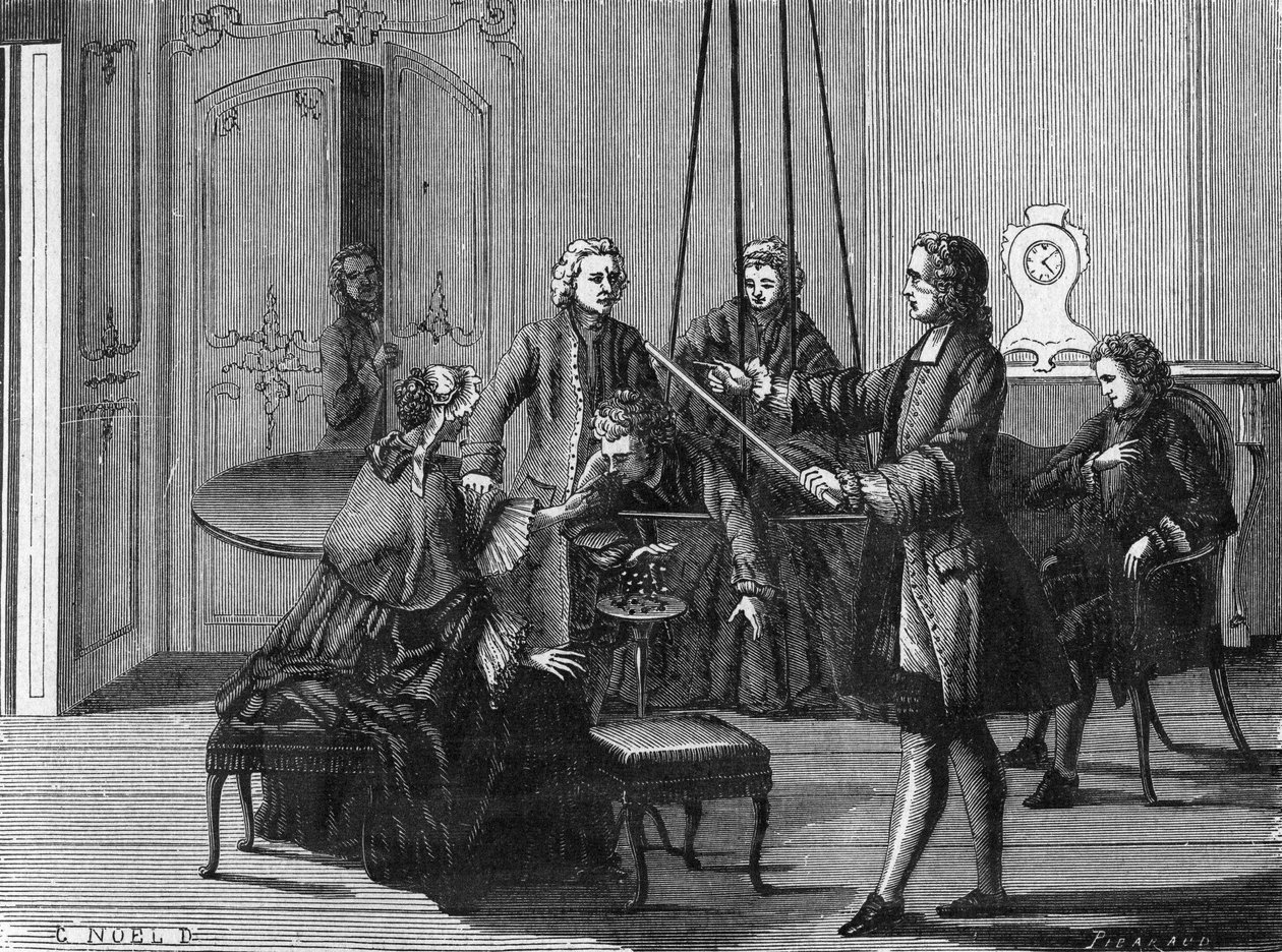Esperimento di Dufay. Charles François Du Fay (Dufay?) (1698 - 1739), chimico e fisico francese dimostrò che le scintille elettriche possono essere estratte dal corpo umano. Incisione dall