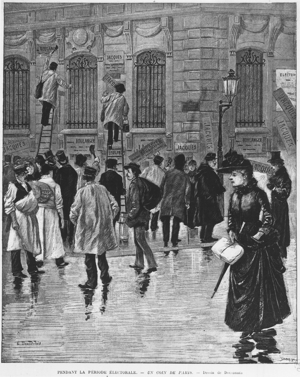 Durante il periodo elettorale, a Parigi; affissione di manifesti durante le elezioni del 27 gennaio 1889, culminando nella campagna della panetteria - Museo Carnavalet da Unknown artist
