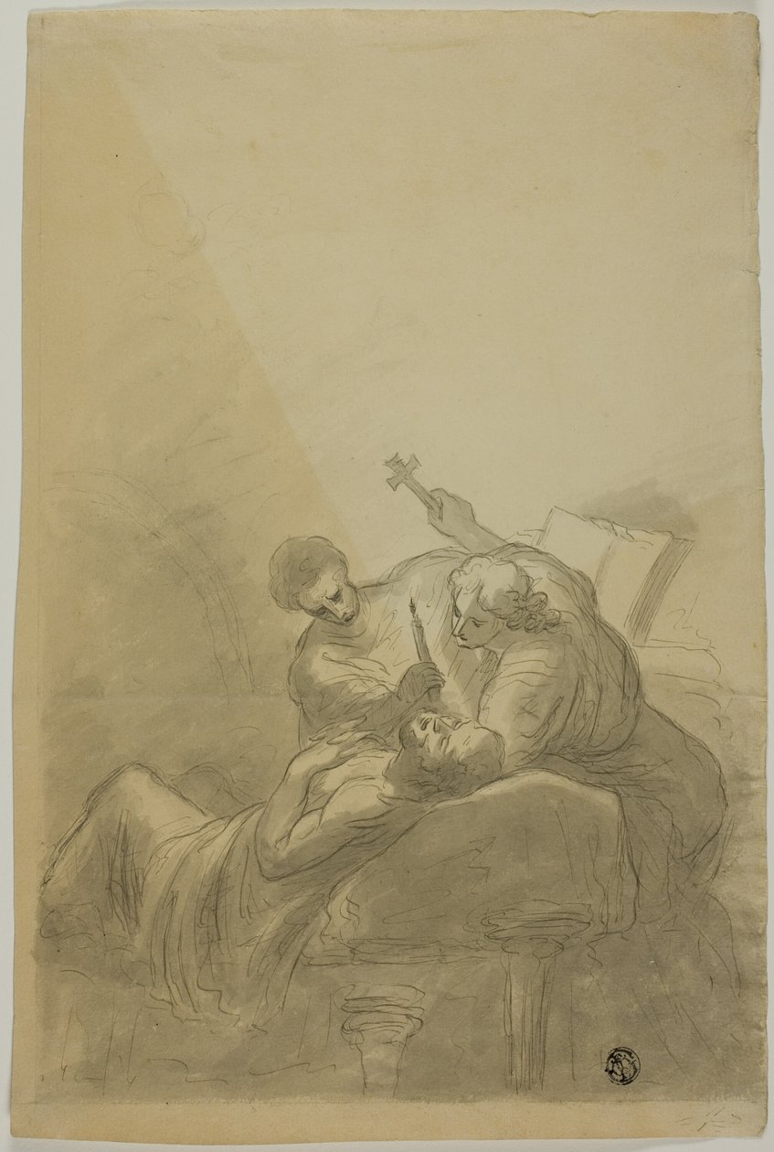 Uomo morente assistito da due figure che tengono candela, libro e croce da Unknown artist
