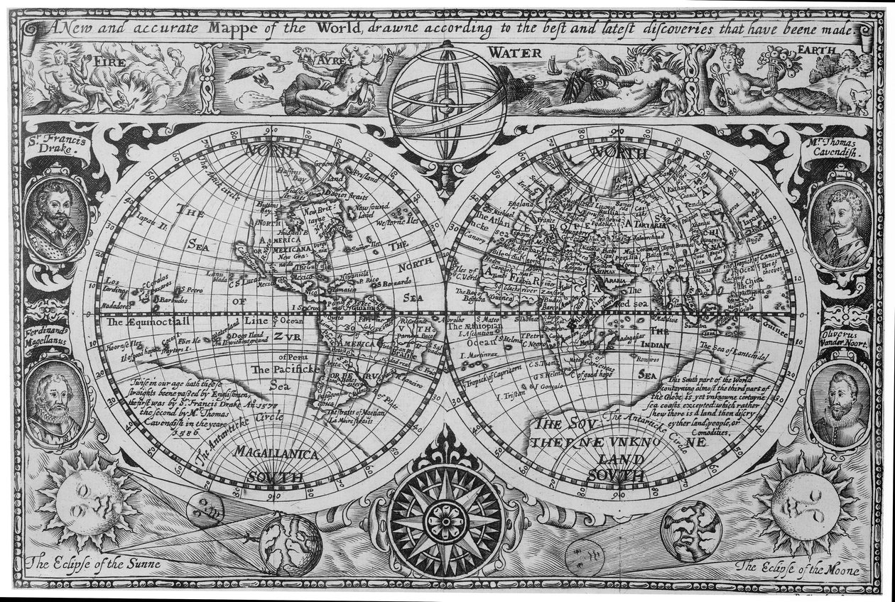 Mappa del mondo dei primi del XVII secolo, dopo Mercatore, con ritratti di esploratori (Drake, Magellano, Thomas Cavendish e Oliver van der Nort), gli elementi e le eclissi da Unknown artist