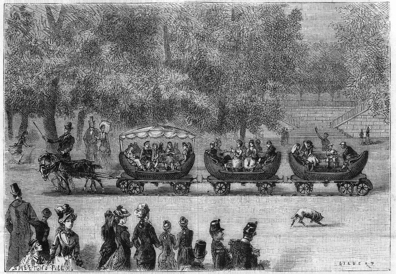 Binari infiniti adattati a un treno di carrozze trainate da capre nel Giardino delle Tuileries a Parigi (per natura). Incisione in "La Nature: revue des sciences et de leurs applicazioni aux arts et a l