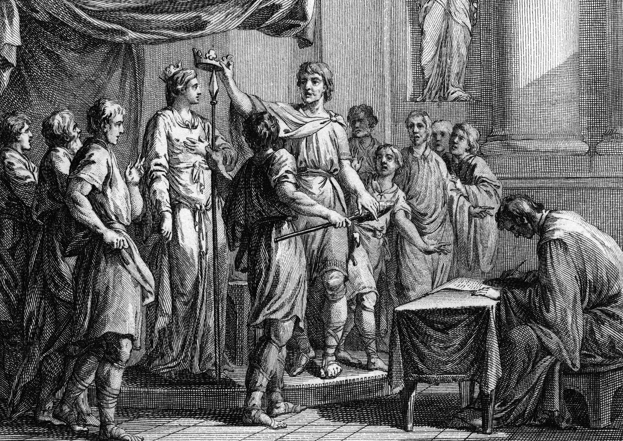 Stabilimento della Legge Salica, redatta da Clodoveo nel 508. Essa tratta essenzialmente dei problemi di procedure riguardanti la proprietà e le persone, e tratta dei diritti di eredità per la terra che può essere trasmessa solo agli uomini da Unknown artist