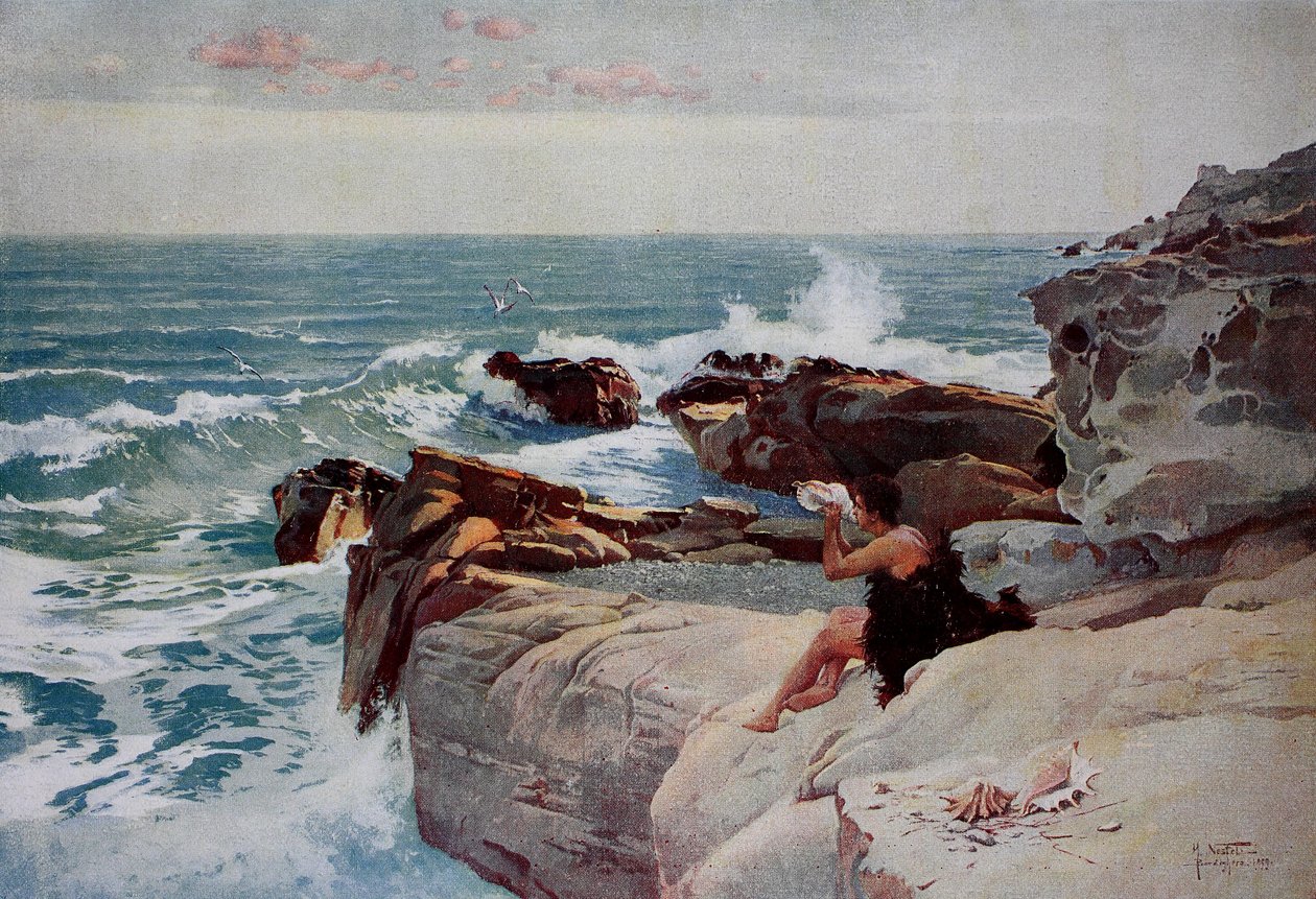 Sera al mare, Giovane uomo con una grande conchiglia seduto sulla riva da Unknown artist