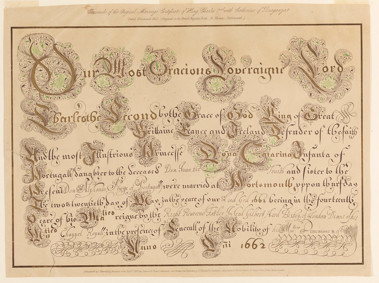 Facsimile del certificato di matrimonio originale di Carlo II e Caterina del Portogallo da Unknown artist