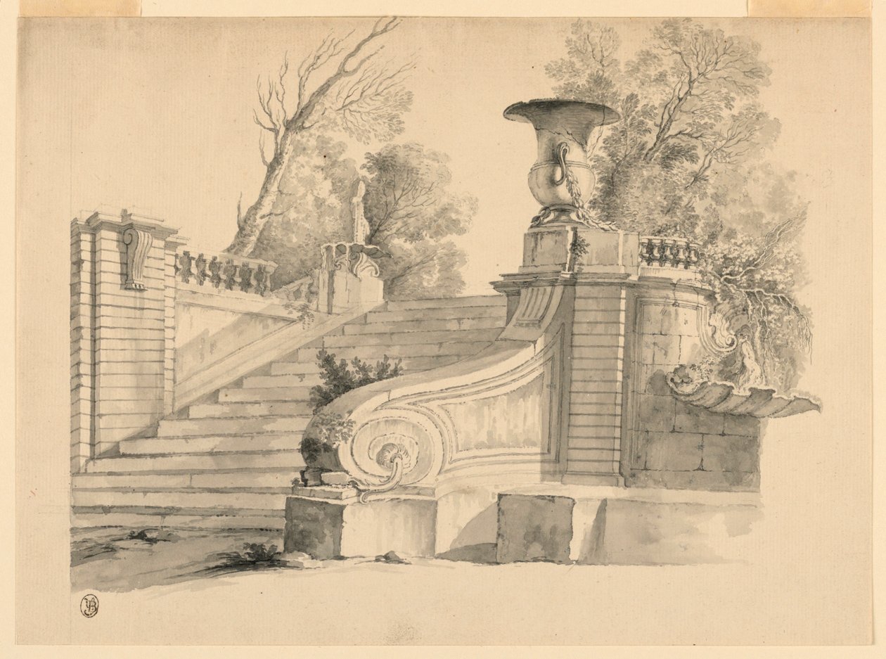 Fantasia. Una scala in un parco, in rovina. da Unknown artist