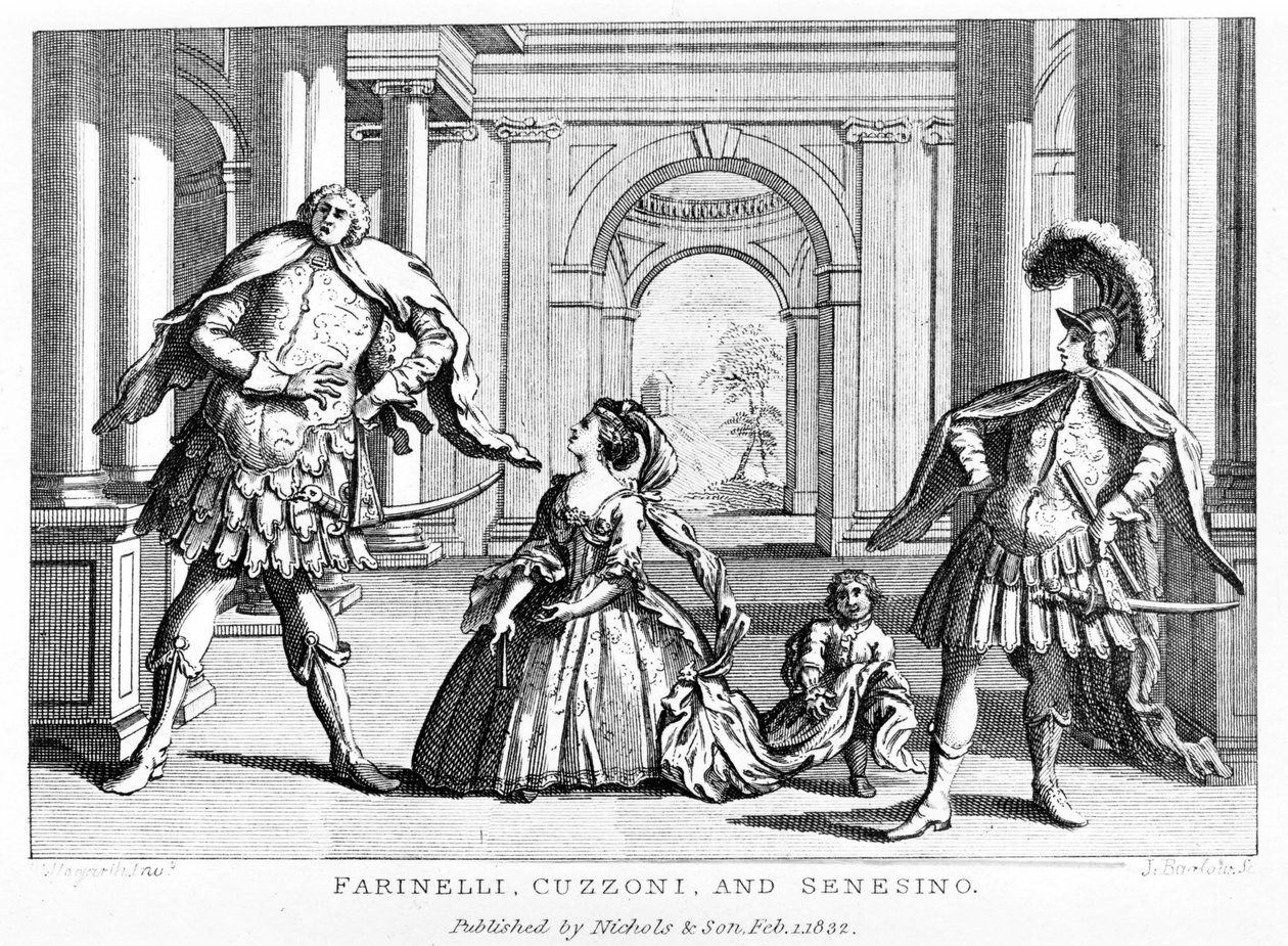 Farinelli (Carlo Broschi, detto; 1705 - 1782) con il soprano Cuzzoni e il castrato Francesco Bernardo Senesino (1680 - 1750) nell