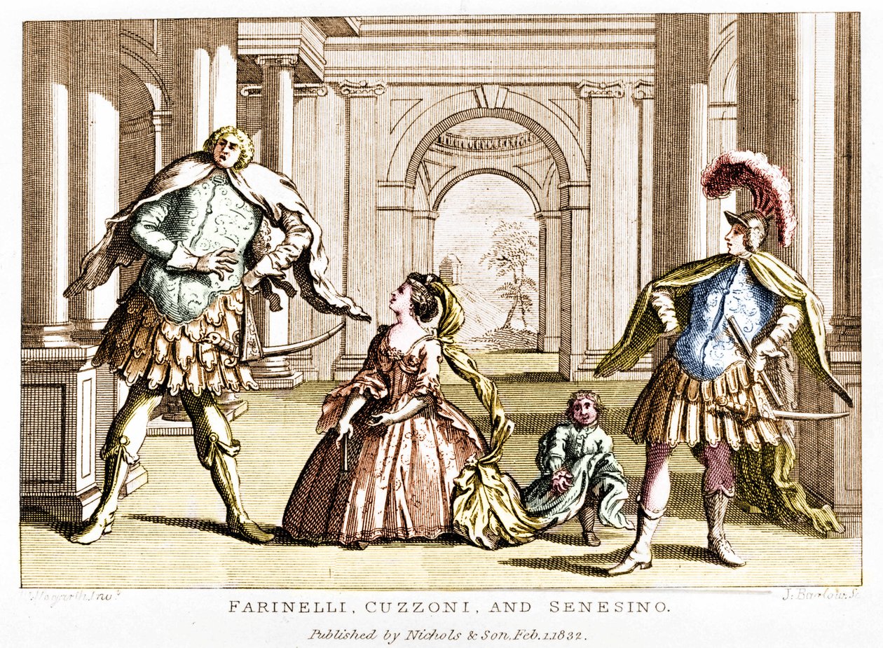 Farinelli (Carlo Broschi, detto; 1705 - 1782) con il soprano Cuzzoni e il castrato Francesco Bernardo Senesino (1680 - 1750) nell