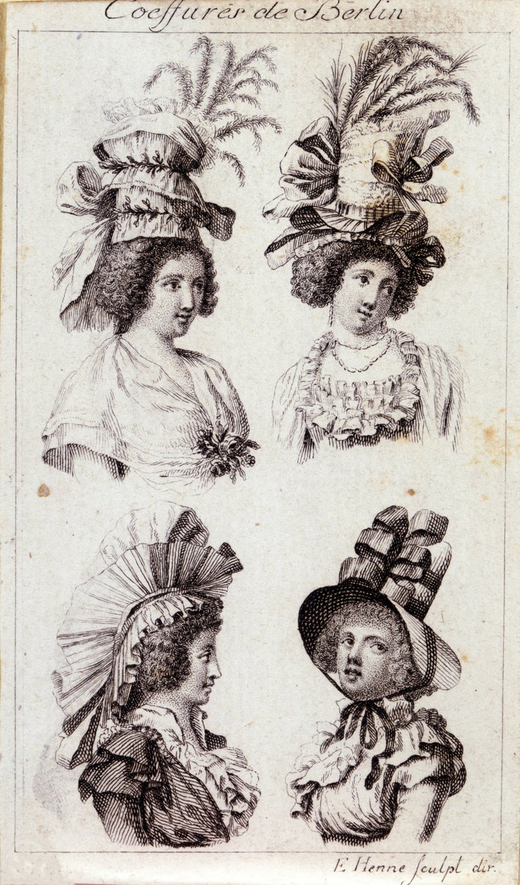 Moda del XVIII secolo: i cappelli delle donne di Berlino. Incisione del 1793 da Unknown artist