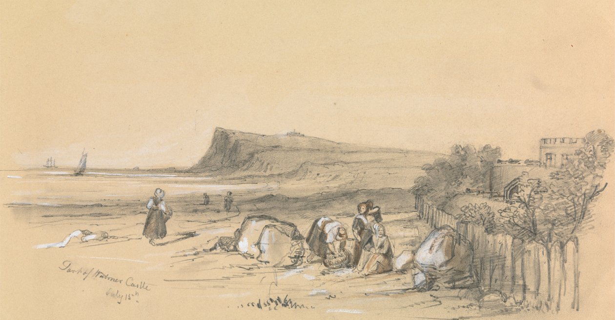 Figure su una spiaggia con il castello di Walmer in lontananza da Unknown artist